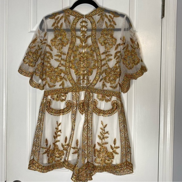 CREAM Nude Illusioned Embroidered Romper - Gold and Rainbow Embroidery - Picture 5 of 12